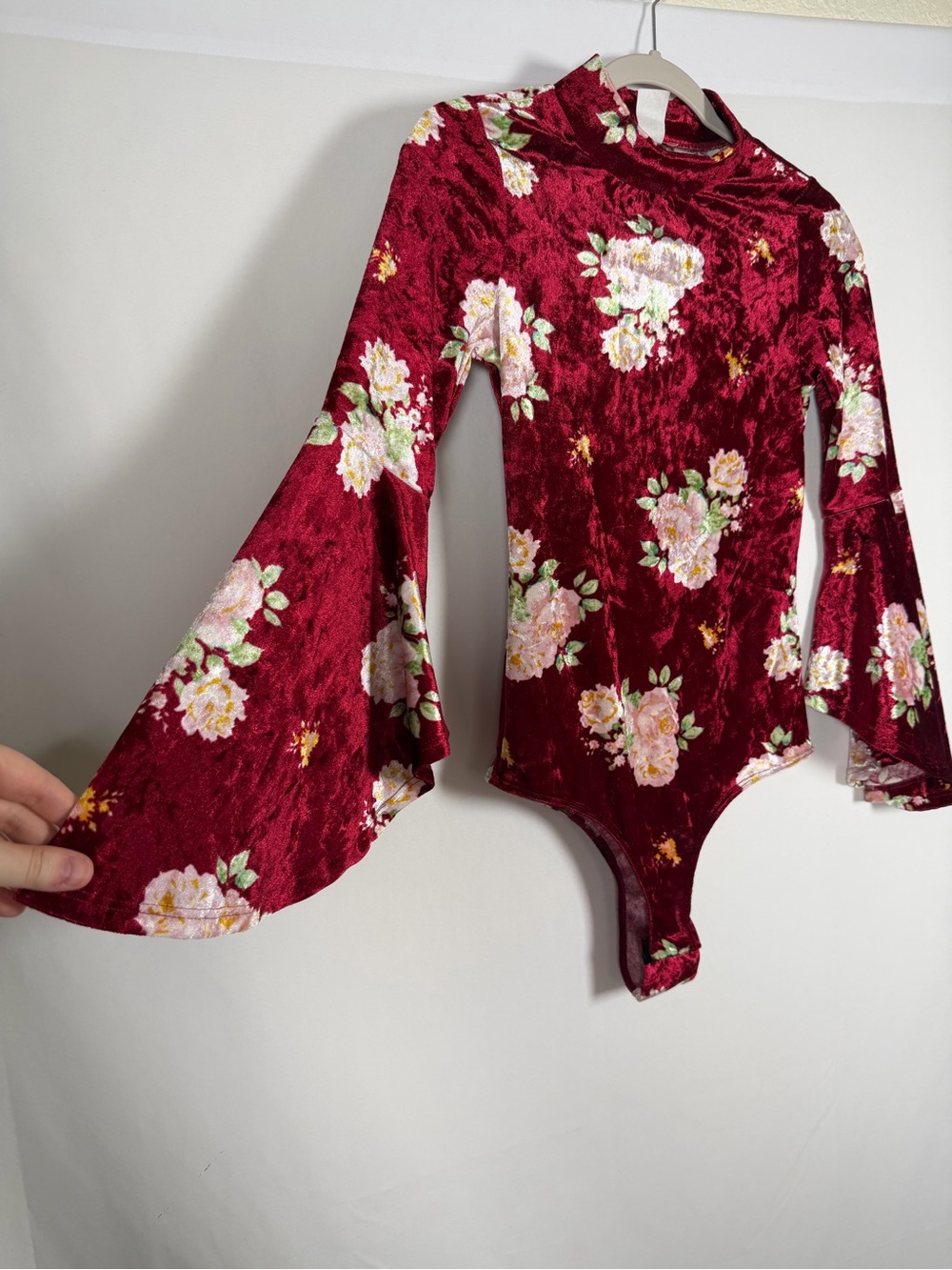 Whimsigoth Burgundy Fairy Floral Velvet Flare Sleeve Bodysuit Mock Neck